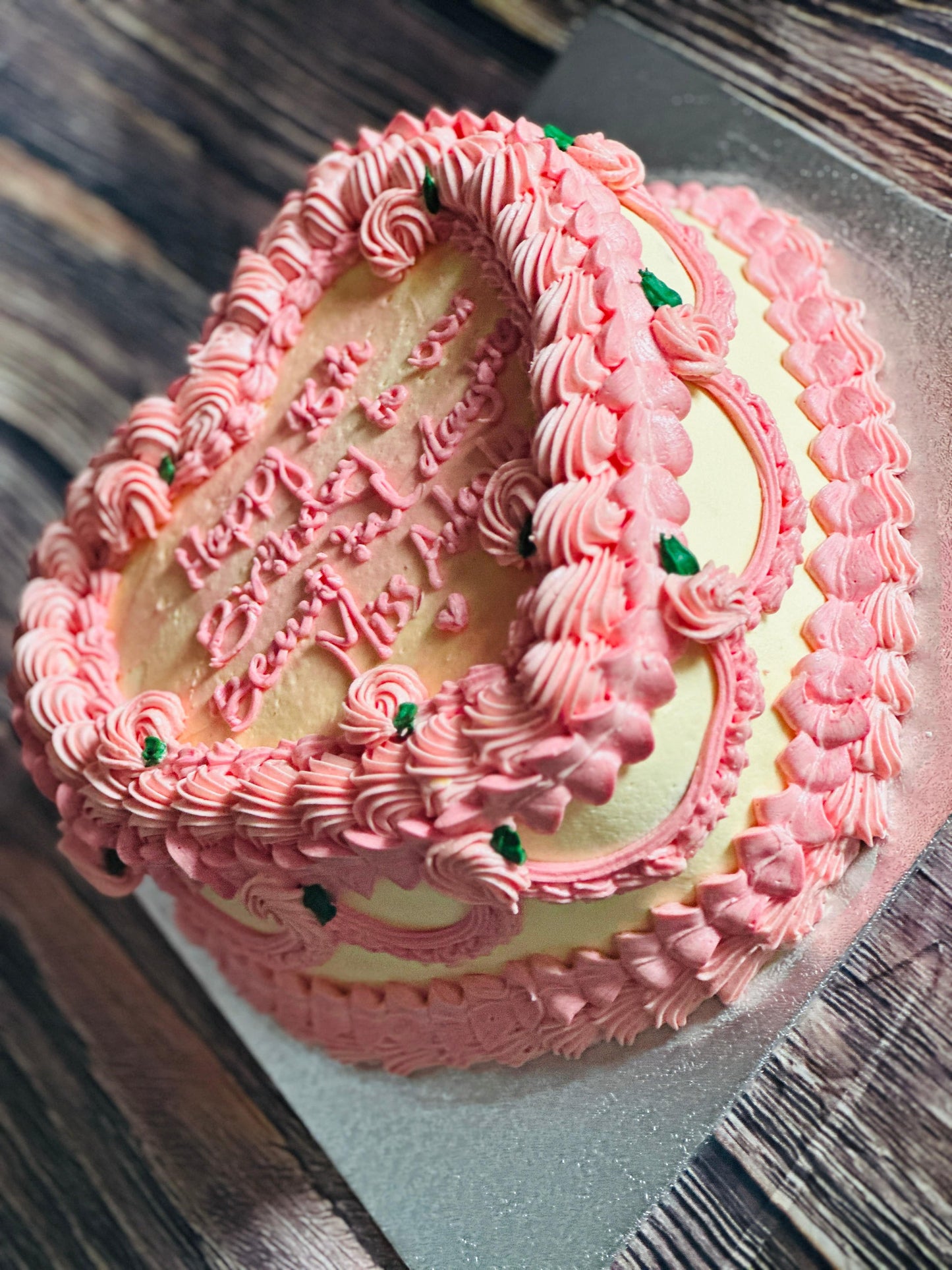 Romantic vintage pink heart cake available in IG8 Woodford Green and RM4 Chigwell Row