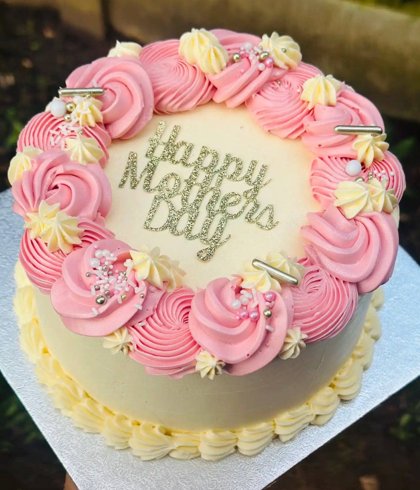 Same-day Mother’s Day cake delivery in Stratford and Woodford – elegant pink and cream buttercream design.