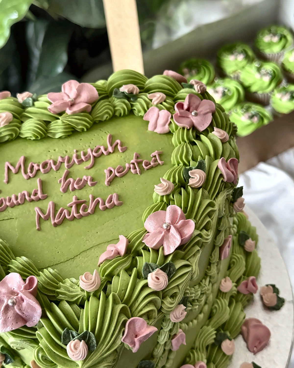 Spring Green Heart Vintage Cake piped message and pink blossoms close-up