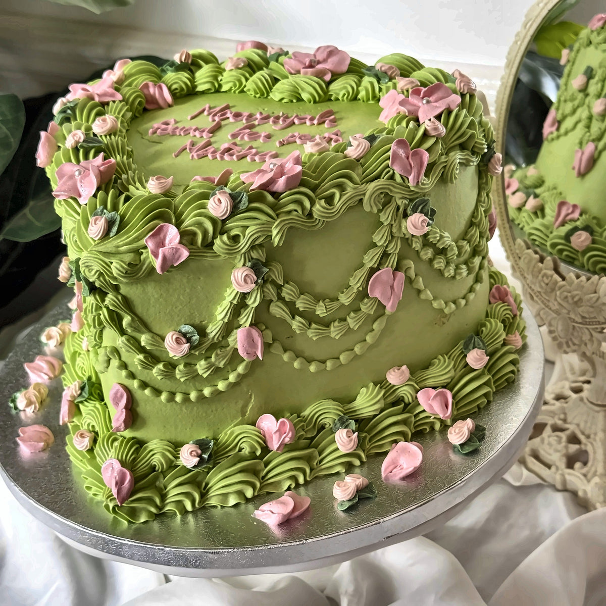 Spring Green Heart Vintage Cake with Pink Blossoms by Cake Trays, East London