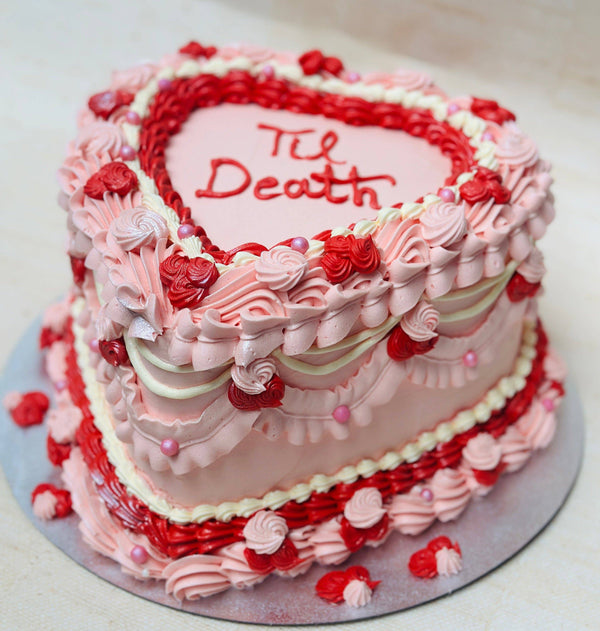 Til Death heart cake with vintage red and pink buttercream piping, available for delivery in Romford and Leytonstone.