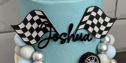 Close up of the checkered flags and personalised name, custom cakes East London, Romford and Ilford.