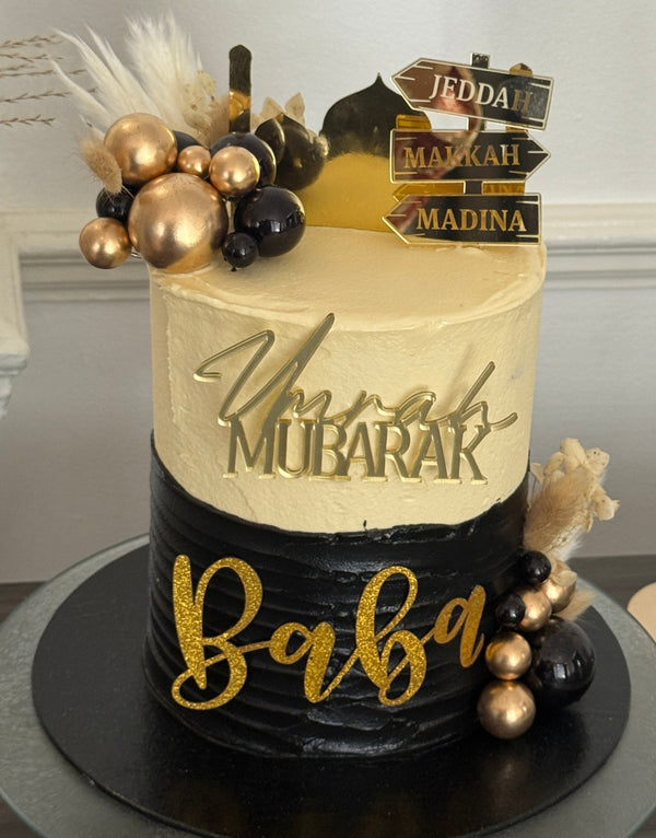 Umrah Mubarak cake with personalised topper delivered to a Forest Gate family gathering