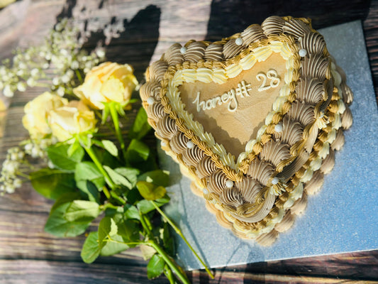 Vintage Heart Cake Design CT35 with pink buttercream swirls and personalised message, delivered in Goodmayes.