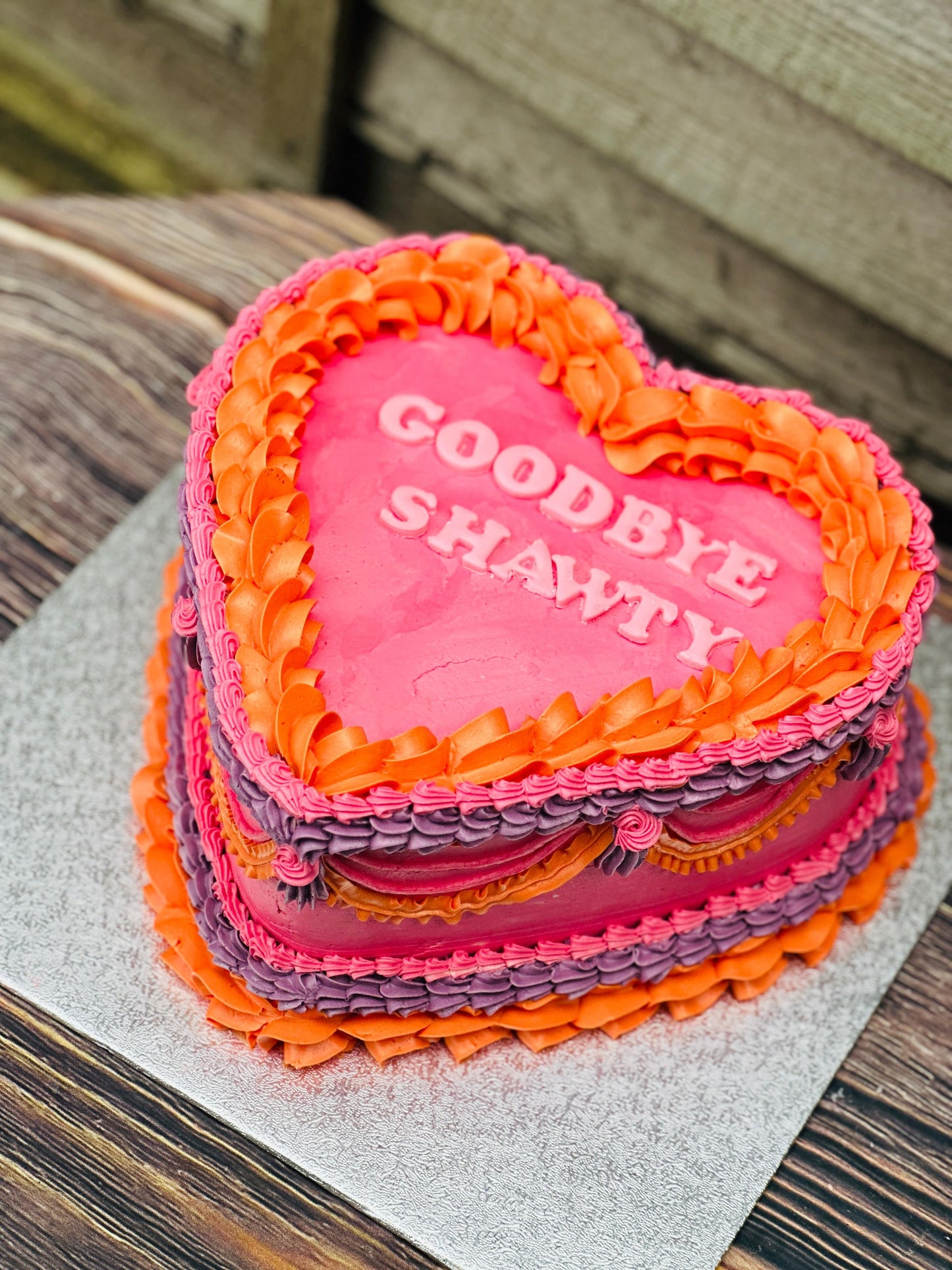 Vintage Heart Cake CT55 with bold pink and orange buttercream, personalised for delivery in Dagenham.