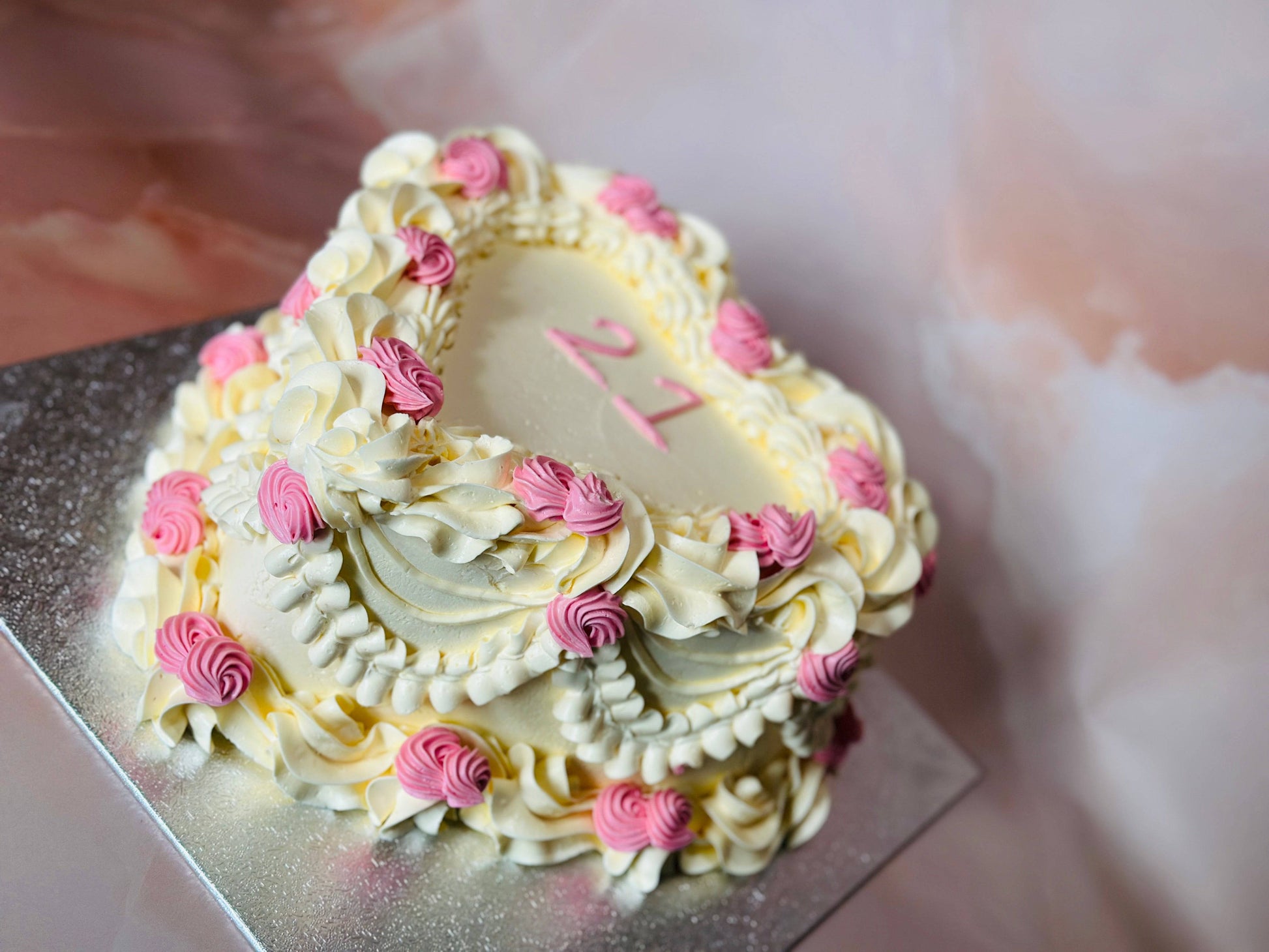 White Heart Cake CT30 with intricate piping and pink roses, delivered in Barking.