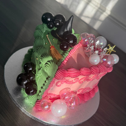 Wicked themed birthday heart cake half witch half princess design for same day delivery in Barking and East Ham