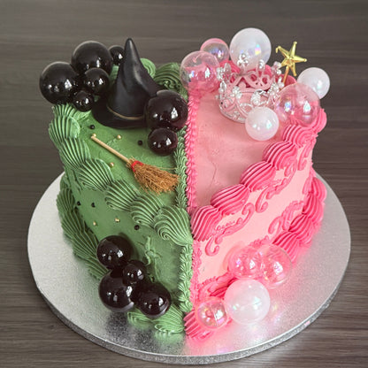 Witch and princess Wicked heart cake with crown, broom and bubble decorations available in Romford and Dagenham