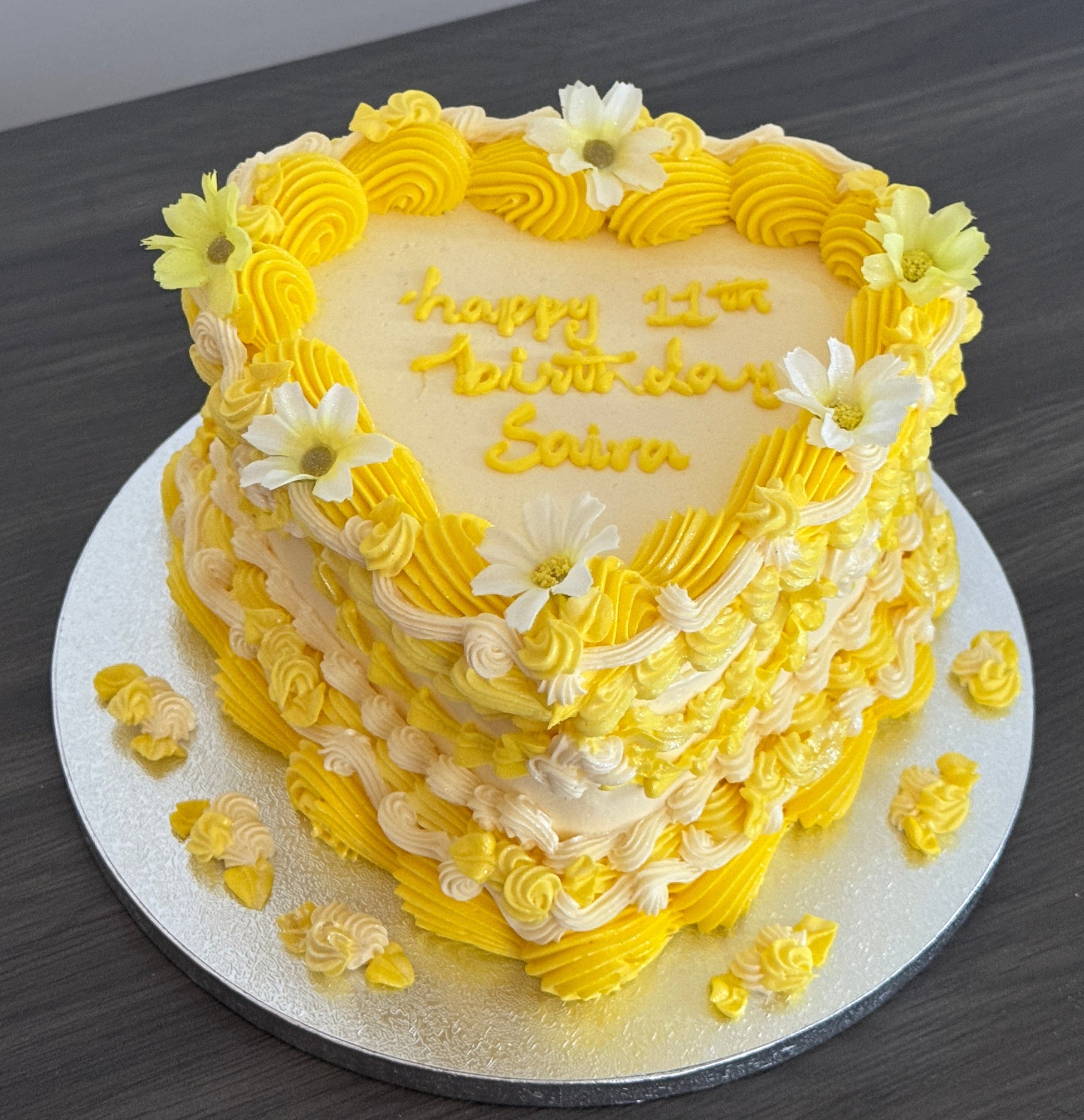 Yellow Floral Vintage Heart Cake with buttercream piping, same day cake delivery in Romford and Ilford, East London.